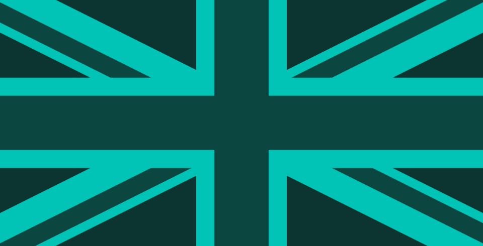 A modern representation of the Union Jack in teal and dark green.