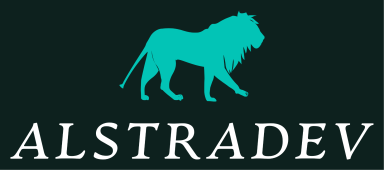 Alstradev logo featuring a teal lion icon and the word “Alstradev” in white abril libre font.