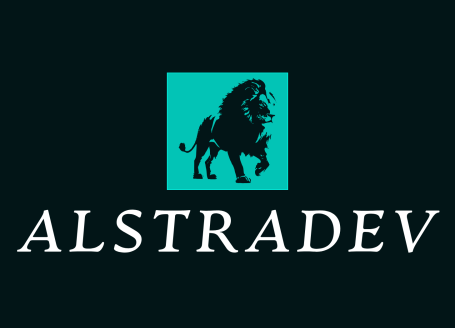 Alstradev logo featuring a teal lion icon and the word “Alstradev” in white abril libre font