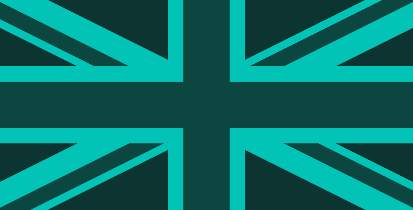 A modern representation of the Union Jack in teal and dark green.