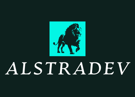 Alstradev logo featuring a teal lion icon and the word “Alstradev” in white abril libre font